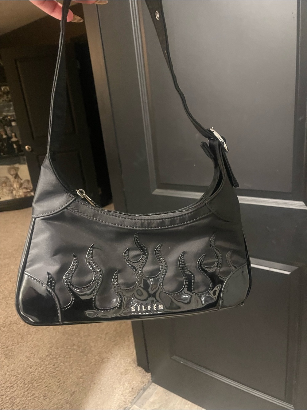 Silken Black Flame-Accent Shoulder Bag